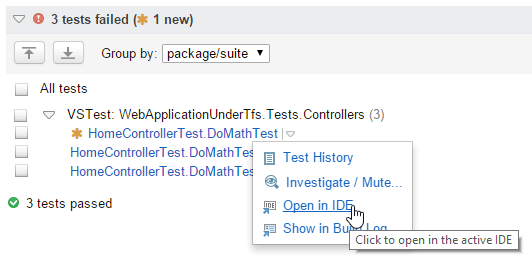 Failed tests in the TeamCity web interface