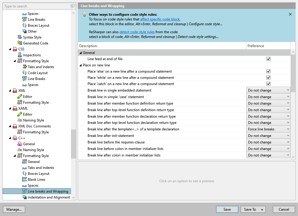 ReSharper options: Code Editing | C++ | Formatting Style | Line Breaks and Wrapping