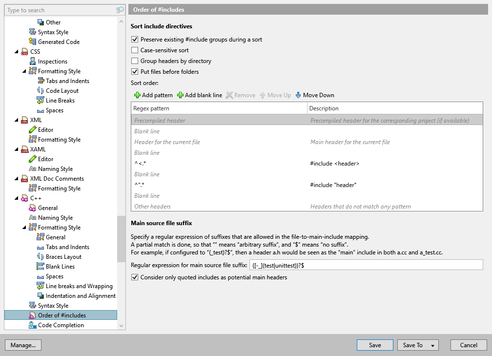 ReSharper options: Code Editing | C++ | Order of #includes