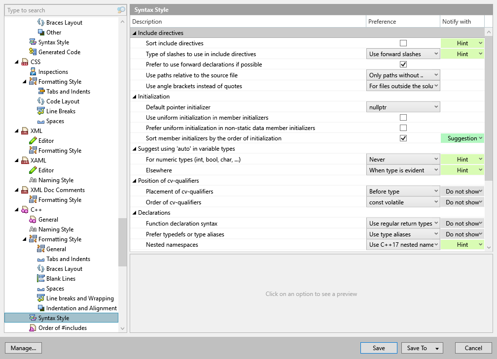 ReSharper options: Code Editing | C++ | Syntax Style