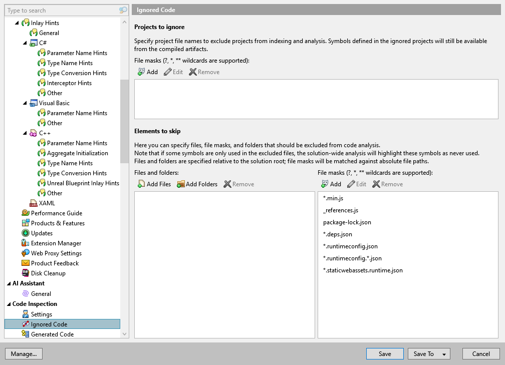 ReSharper options: Code Inspection | Ignored Code ReSharper options: Code Inspection | Ignored Code