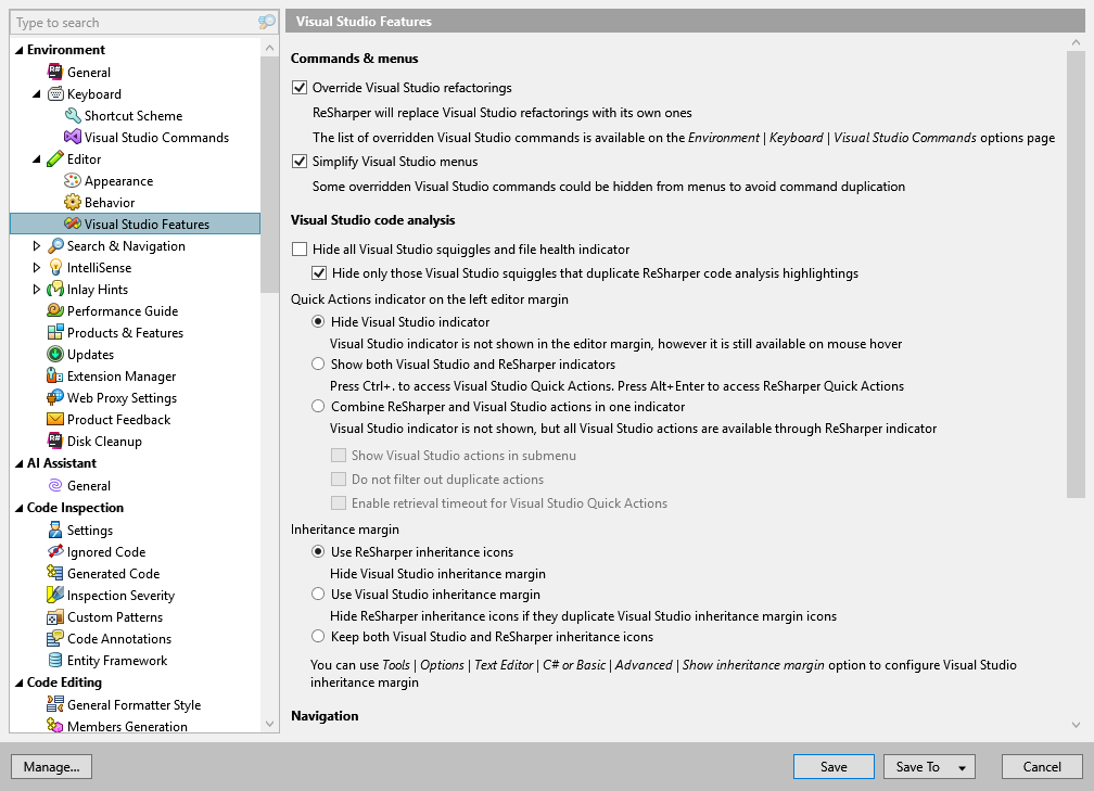 ReSharper options: Environment | Editor | Visual Studio Features