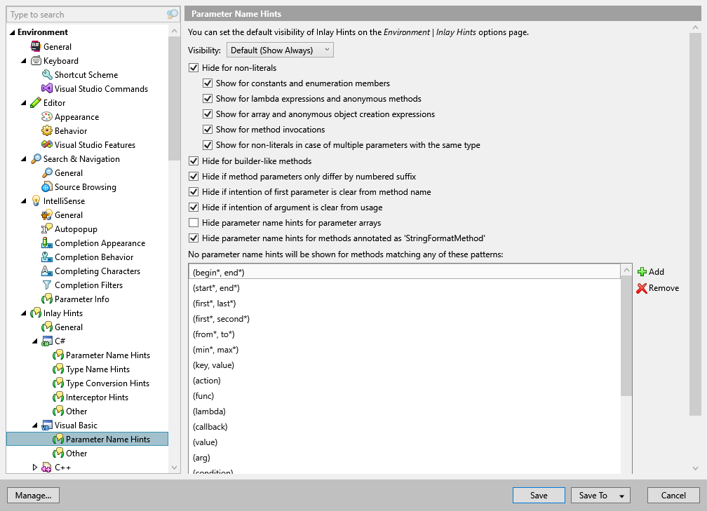ReSharper options: Environment | Inlay Hints | Visual Basic | Parameter Name Hints