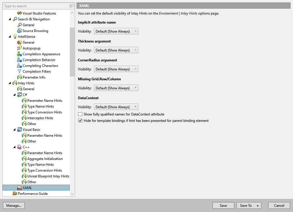 ReSharper options: Environment | Inlay Hints | XAML ReSharper options: Environment | Inlay Hints | XAML