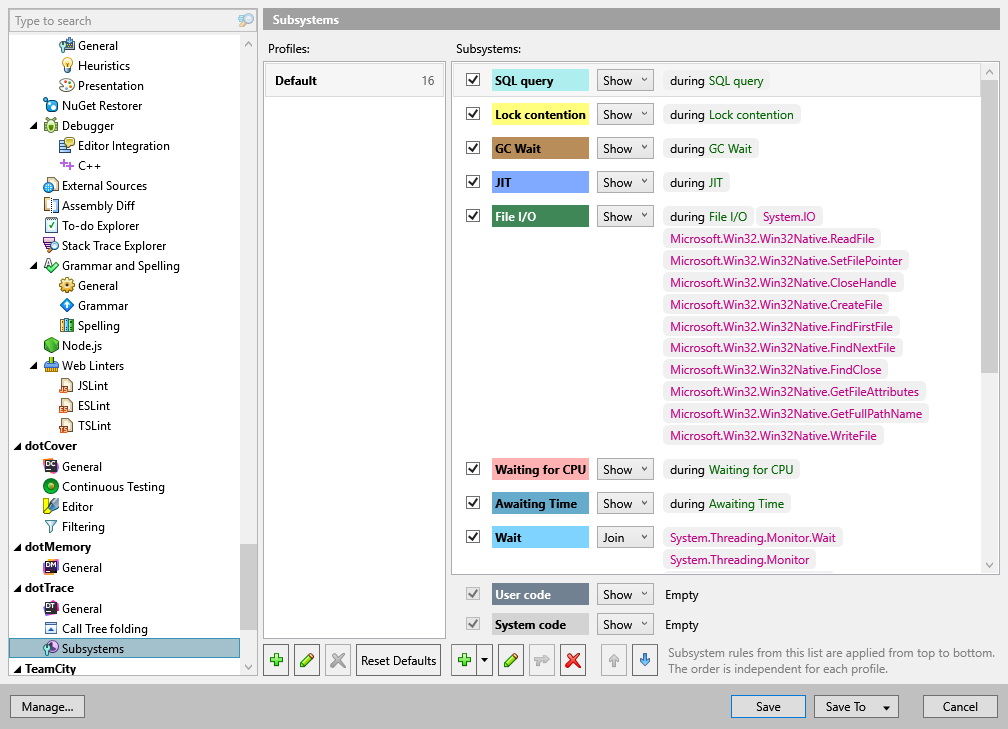 dotTrace options: dotTrace | Subsystems