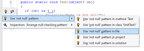ReSharper syntax style inspection: Use 'not null' pattern