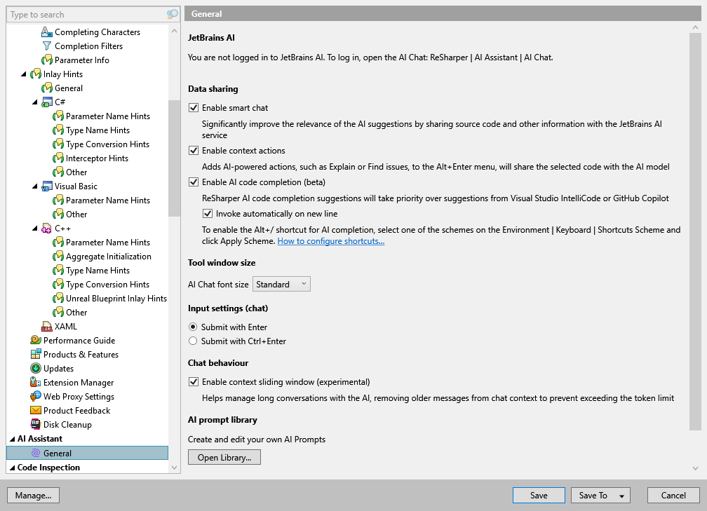 ReSharper options: Tools | AI Assistant | General