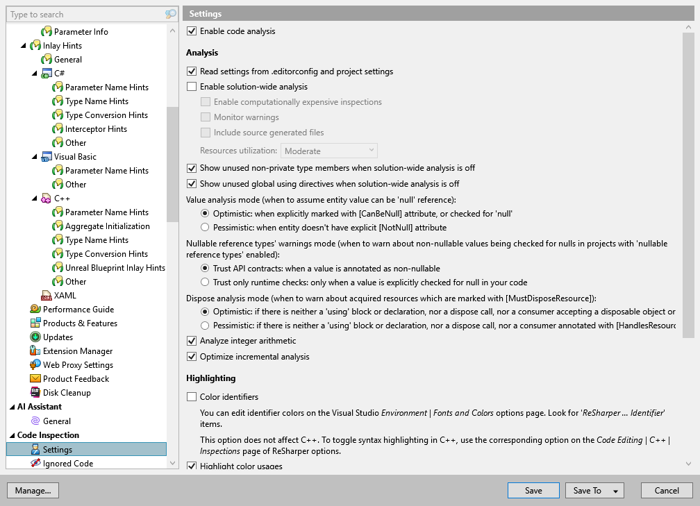 ReSharper options: Code Inspection | Settings