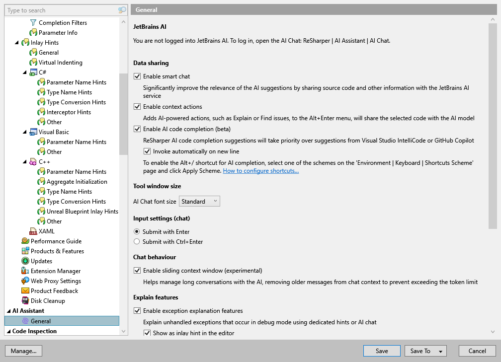 ReSharper options: AI Assistant | General