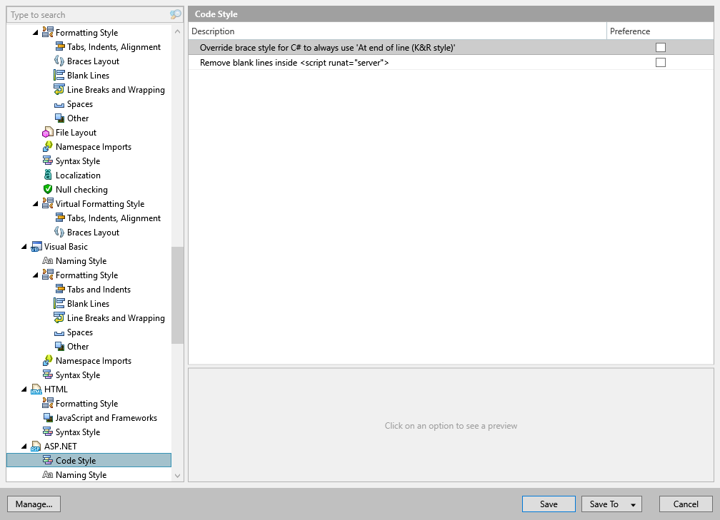 ReSharper options: Code Editing | ASP.NET | Code Style