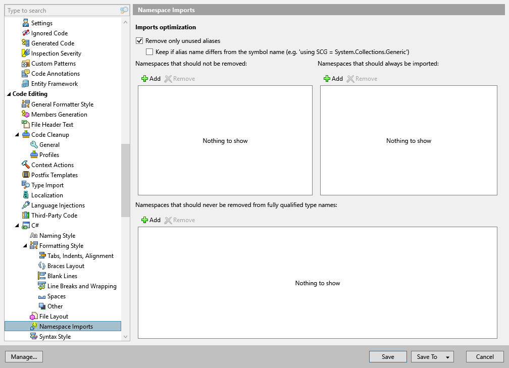 ReSharper options: Code Editing | C# | Namespace Imports