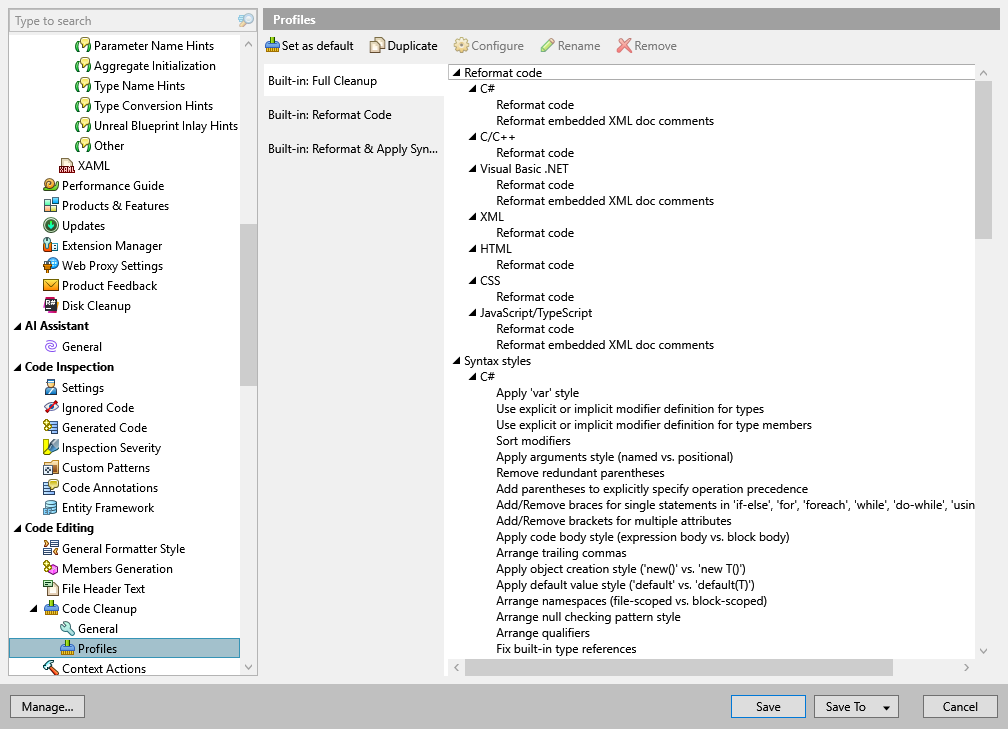 ReSharper options: Code Editing | Code Cleanup | Profiles