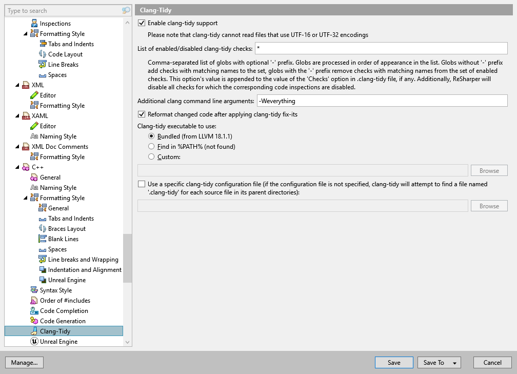 ReSharper options: Code Editing | C++ | Clang-Tidy