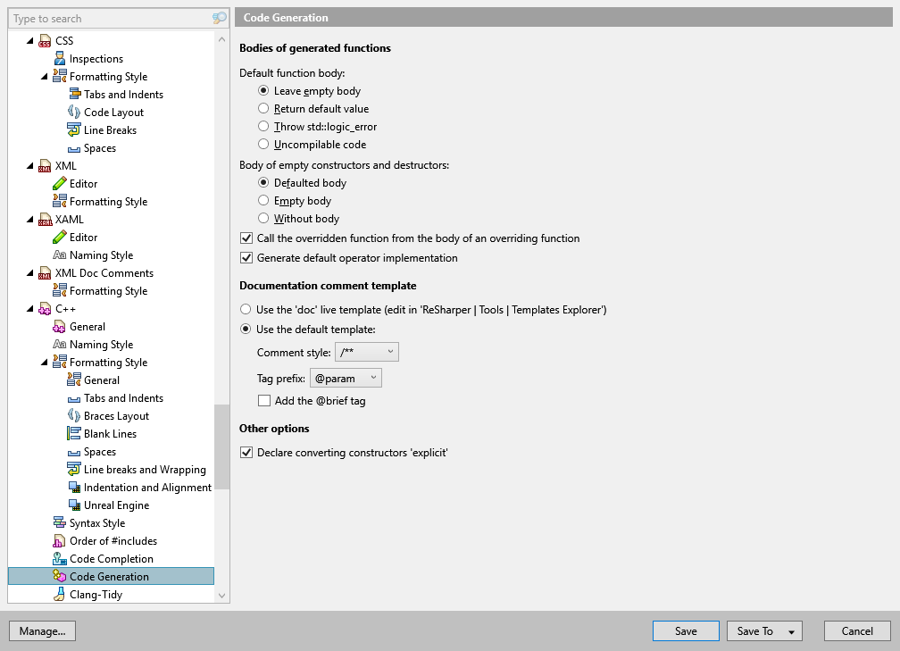 ReSharper options: Code Editing | C++ | Code Generation