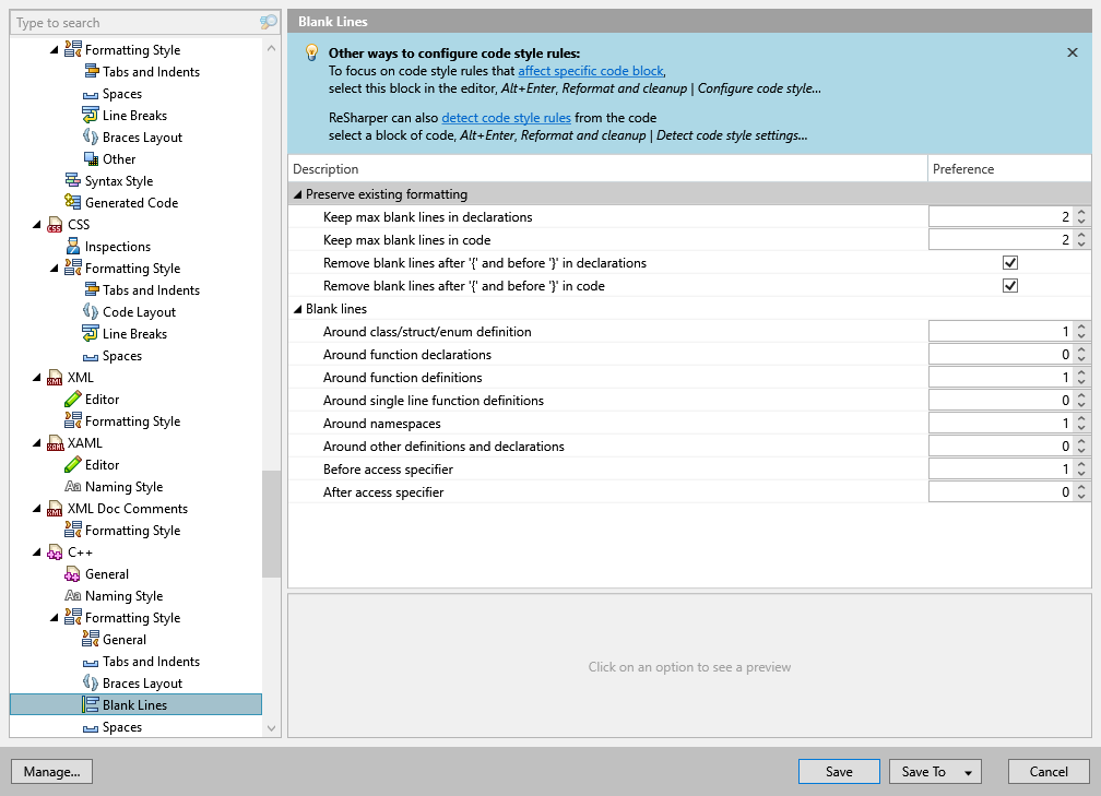 ReSharper options: Code Editing | C++ | Formatting Style | Blank Lines