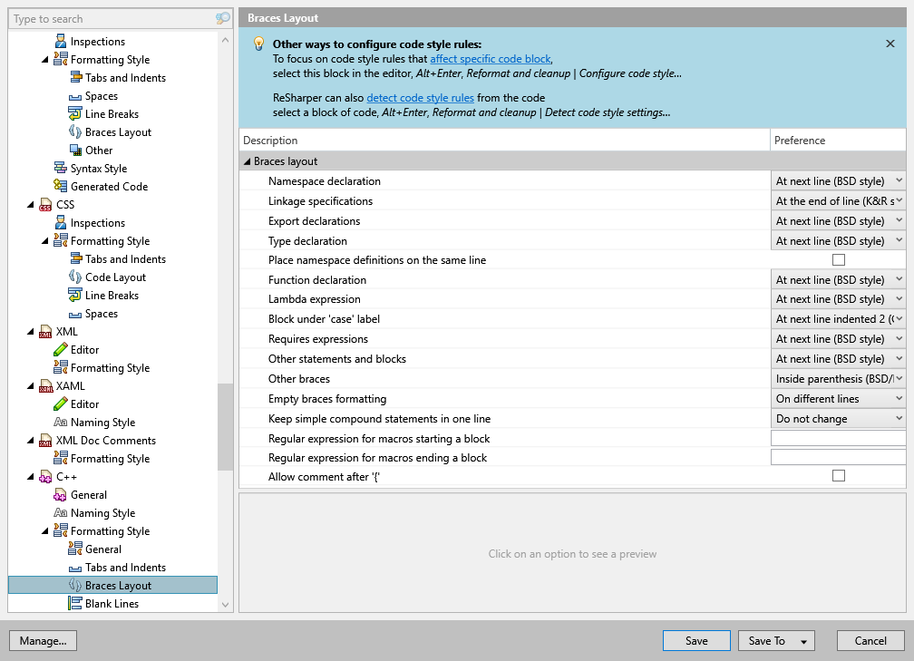 ReSharper options: Code Editing | C++ | Formatting Style | Braces Layout