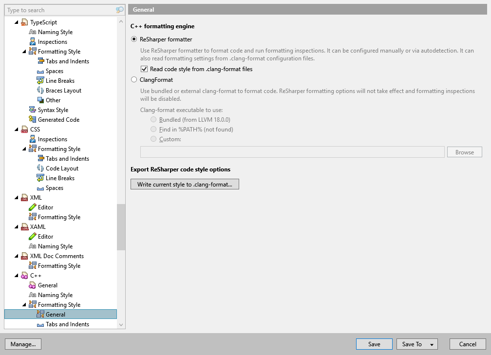 ReSharper options: Code Editing | C++ | Formatting Style | General