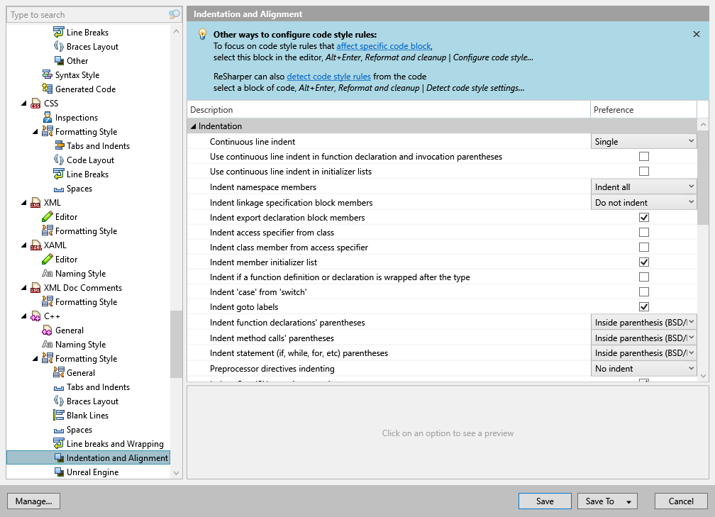 ReSharper options: Code Editing | C++ | Formatting Style | Indentation and Alignment