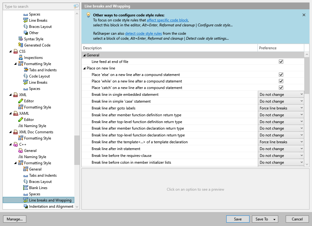 ReSharper options: Code Editing | C++ | Formatting Style | Line Breaks and Wrapping