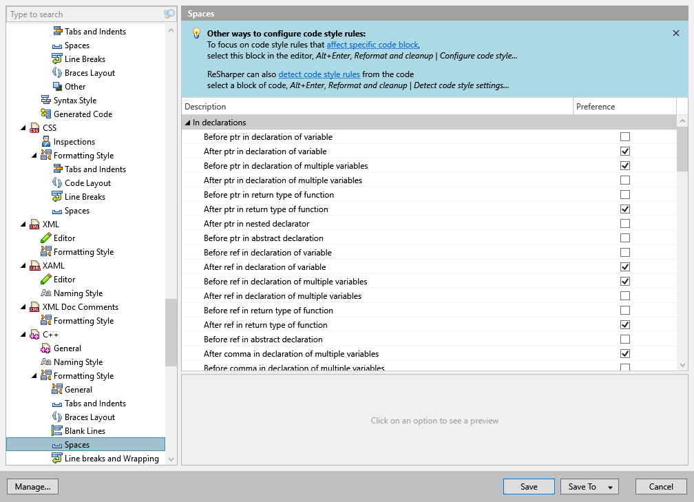 ReSharper options: Code Editing | C++ | Formatting Style | Spaces