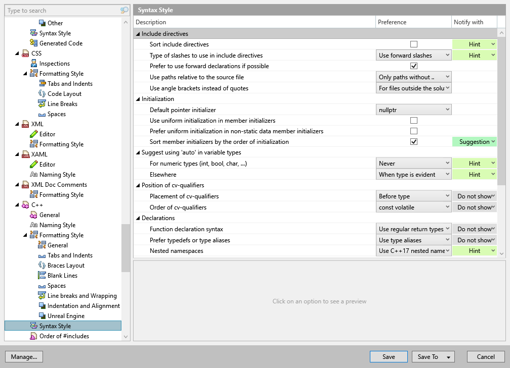 ReSharper options: Code Editing | C++ | Syntax Style