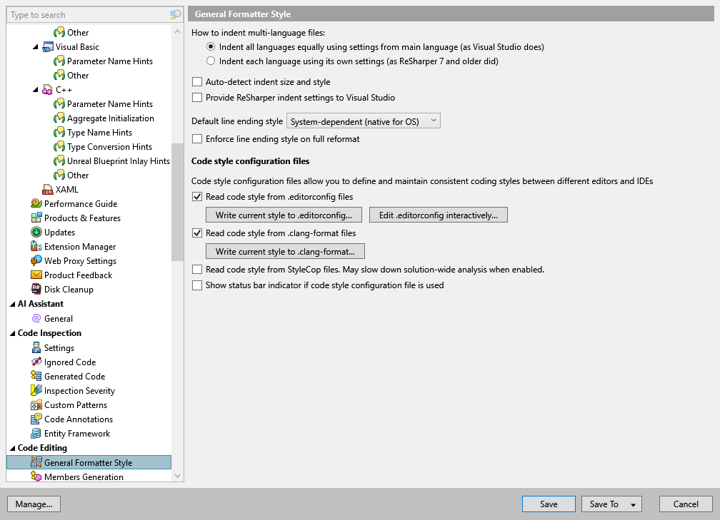 ReSharper options: Code Editing | ShaderLab Formatting Style