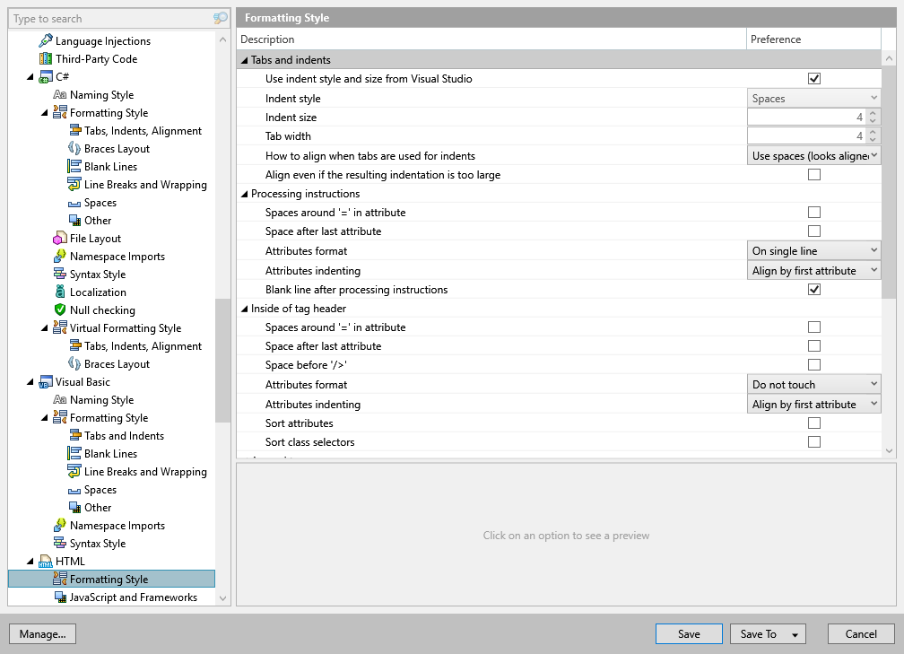 ReSharper options: Code Editing | HTML | Formatting Style