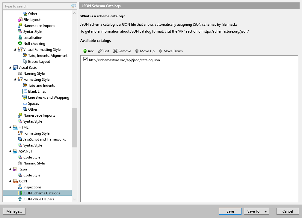 ReSharper options: Code Editing | JSON | JSON Schema Catalogs