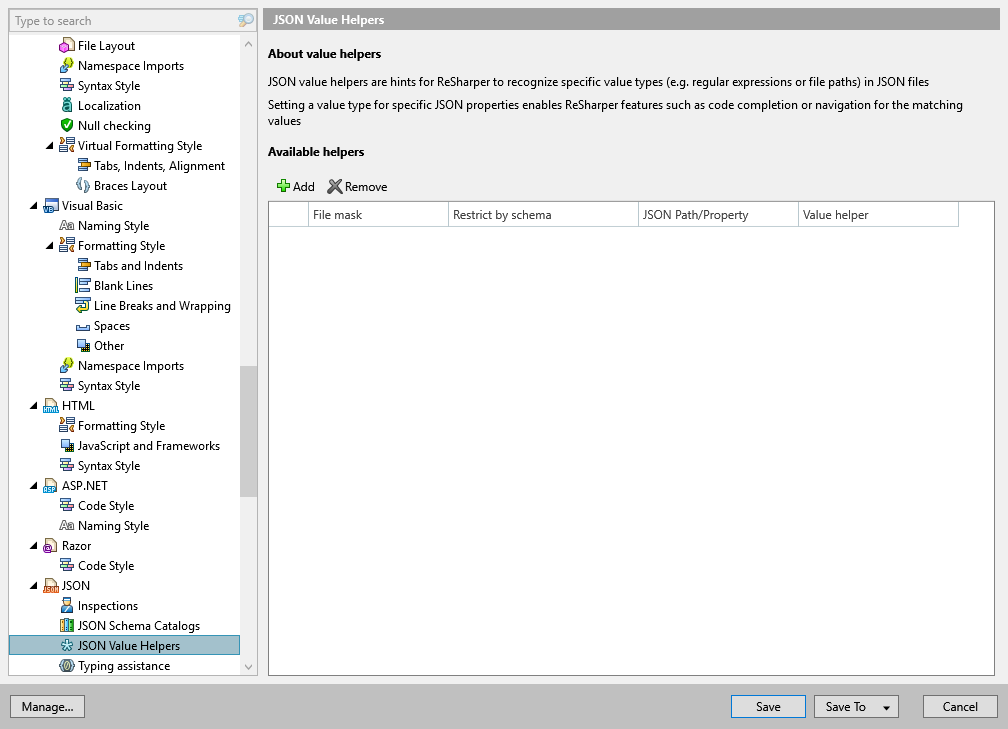 ReSharper options: Code Editing | JSON | JSON Value Helpers