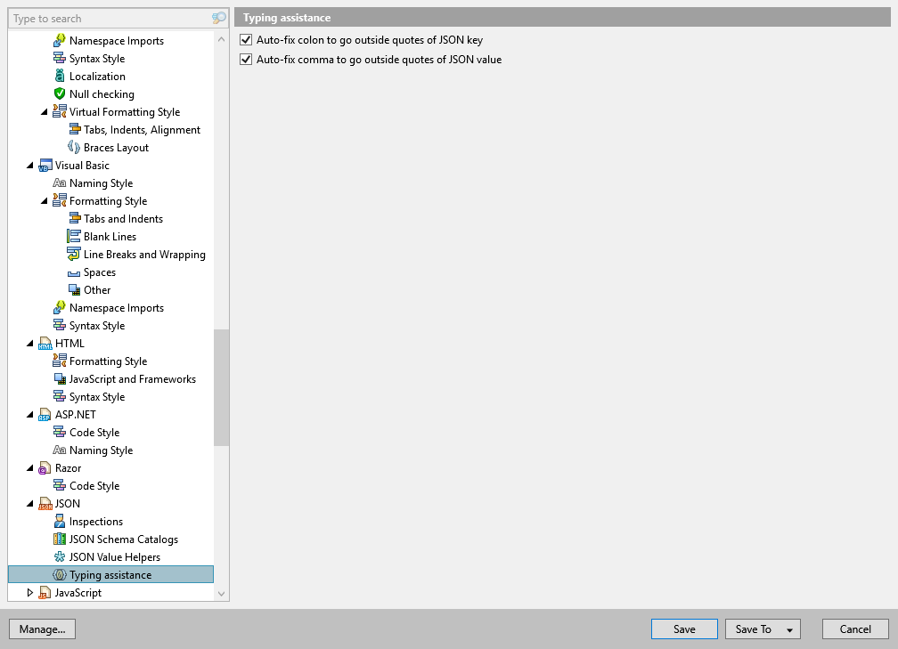 ReSharper options: Code Editing | JSON | Typing Assistance