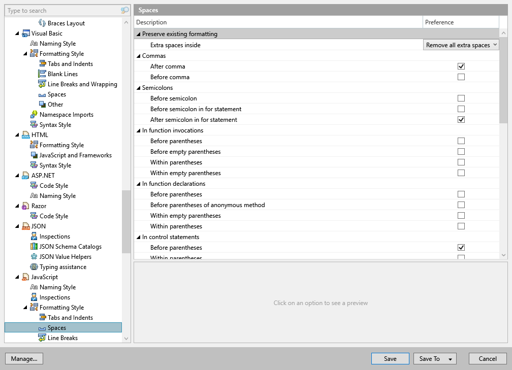 ReSharper options: Code Editing | JavaScript | Formatting Style | Spaces