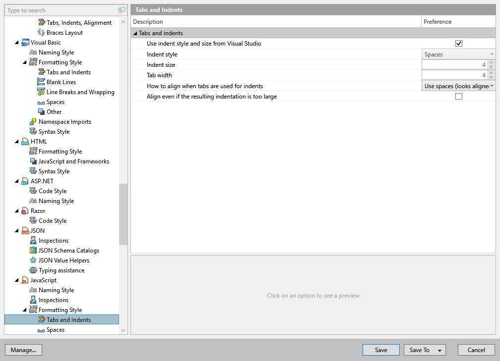 ReSharper options: Code Editing | JavaScript | Formatting Style | Tabs and Indents
