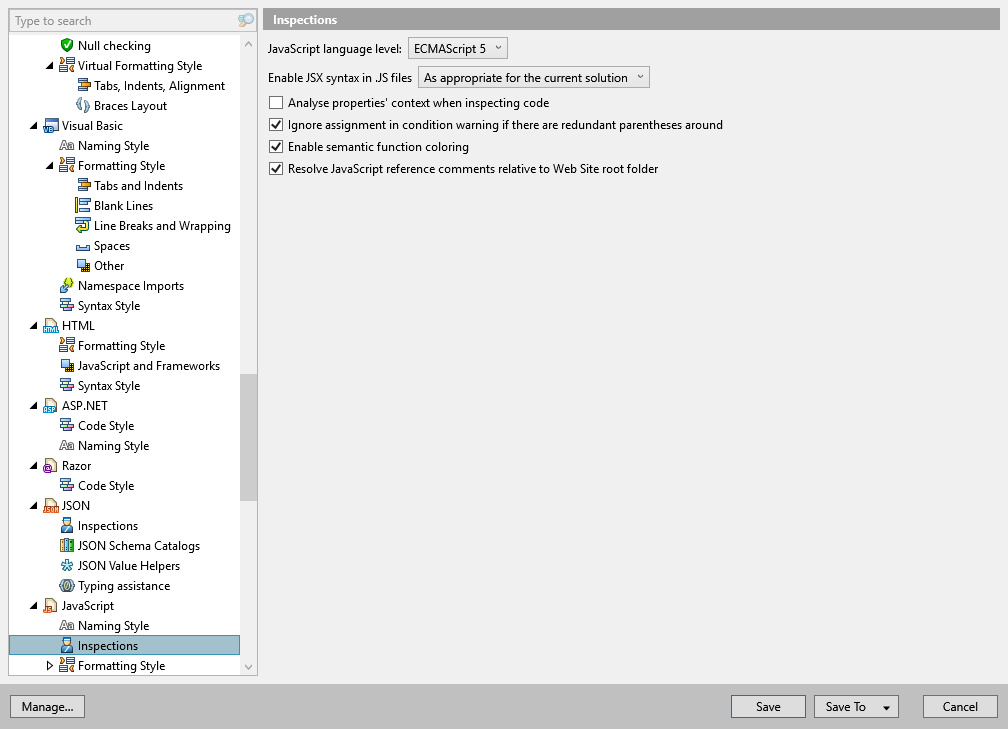 ReSharper options: Code Editing | JavaScript | Inspections