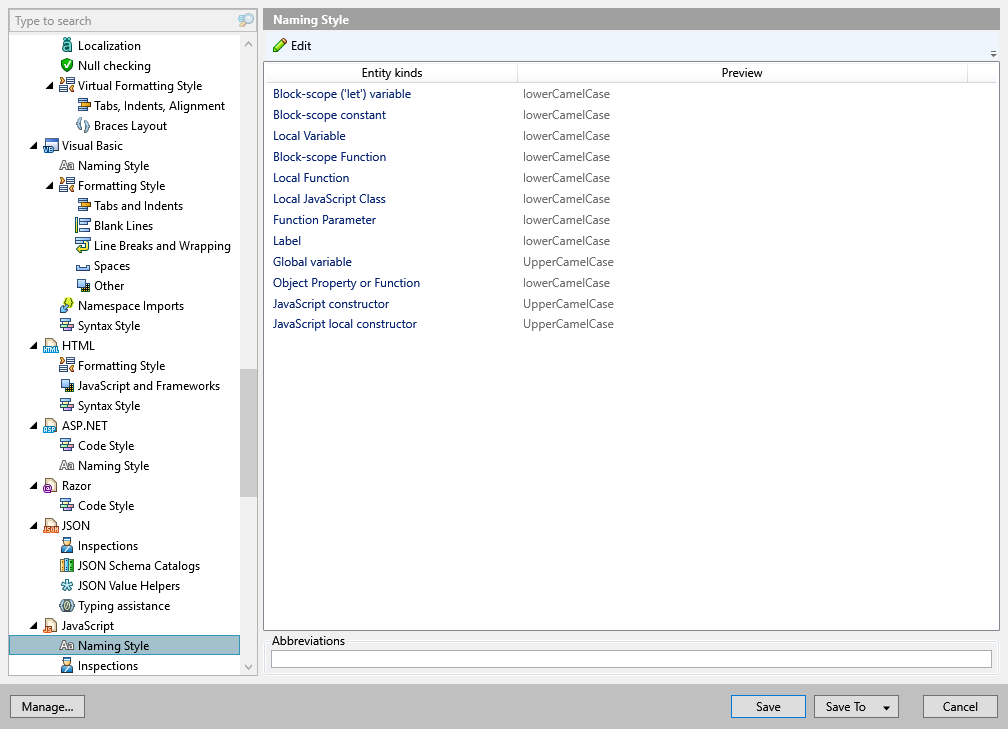 ReSharper options: Code Editing | JavaScript | Naming Style