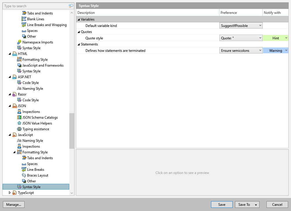 ReSharper options: Code Editing | JavaScript | Syntax Style