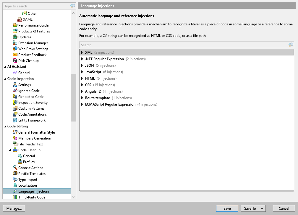 ReSharper options: Code Editing | Language Injections