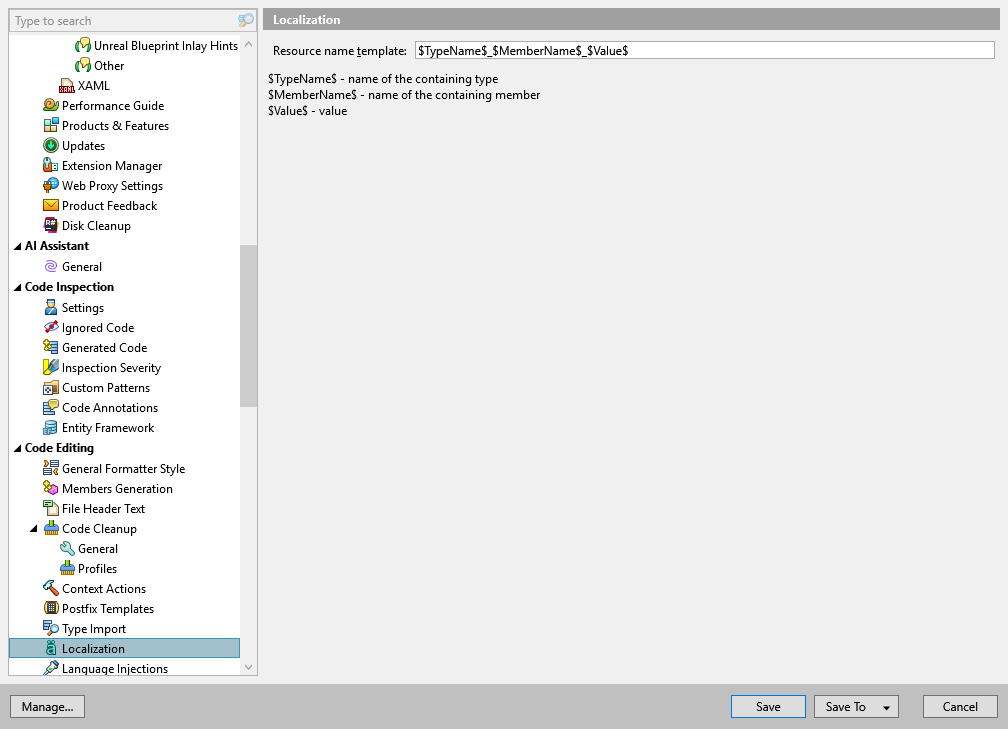 ReSharper options: Code Editing | Localization