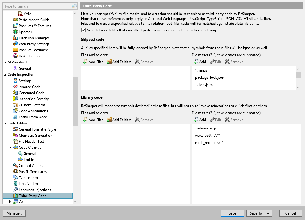 ReSharper options: Code Editing | Third-Party Code