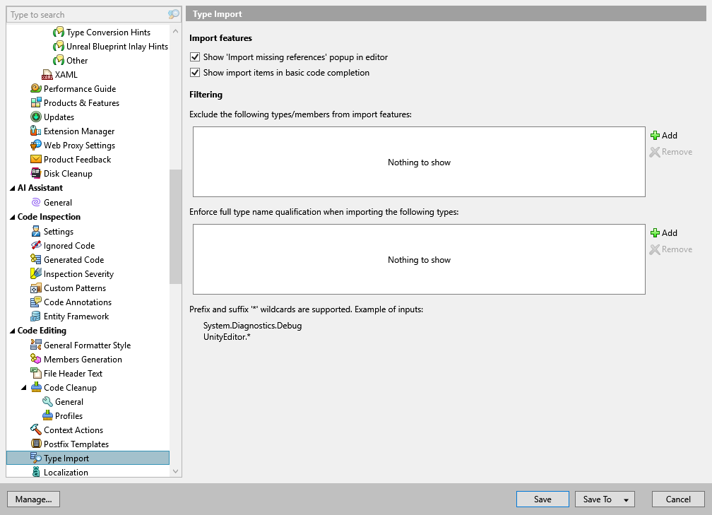 ReSharper options: Code Editing | Type Import