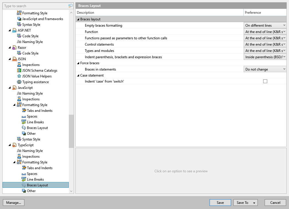 ReSharper options: Code Editing | TypeScript | Formatting Style | Braces Layout