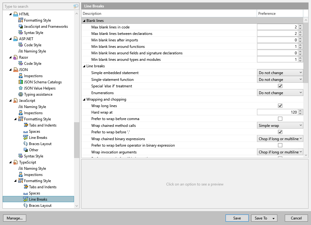 ReSharper options: Code Editing | TypeScript | Formatting Style | Line Breaks