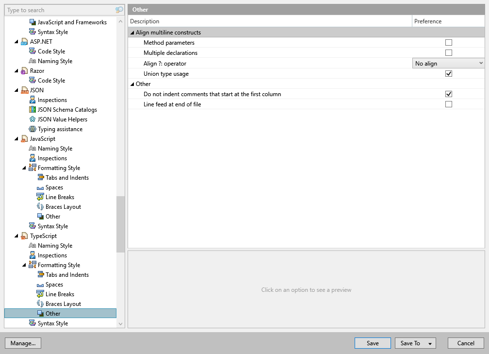 ReSharper options: Code Editing | TypeScript | Formatting Style | Other