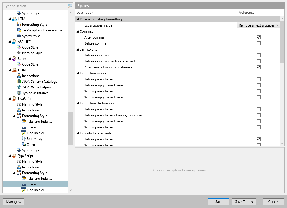 ReSharper options: Code Editing | TypeScript | Formatting Style | Spaces