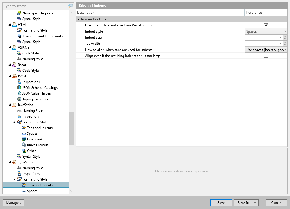 ReSharper options: Code Editing | TypeScript | Formatting Style | Tabs and Indents