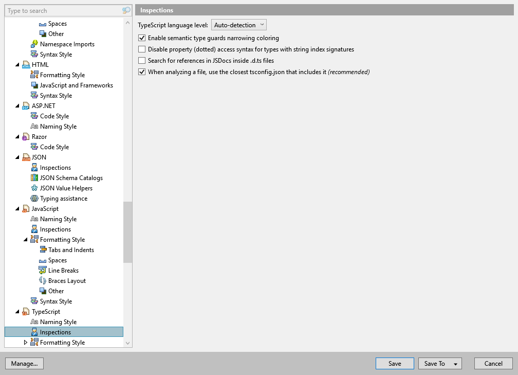 ReSharper options: Code Editing | TypeScript | Inspections