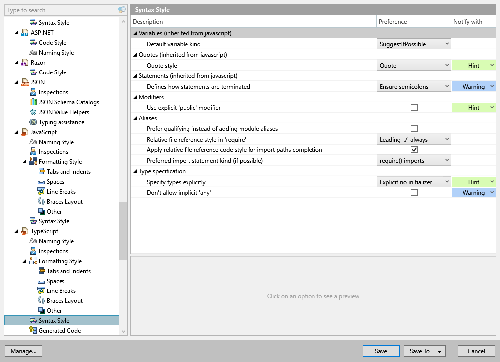 ReSharper options: Code Editing | TypeScript | Syntax Style