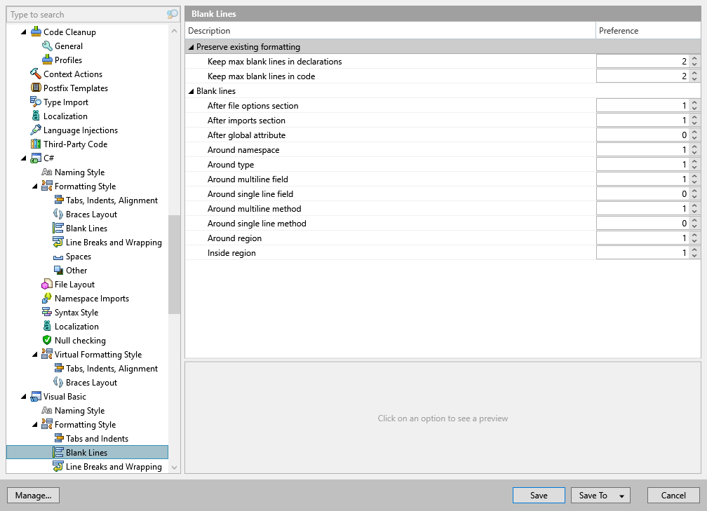 ReSharper options: Code Editing | Visual Basic | Formatting Style | Blank Lines