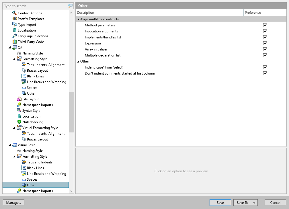 ReSharper options: Code Editing | Visual Basic | Formatting Style | Other