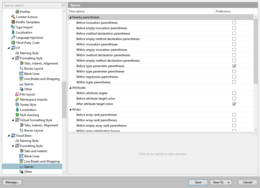 ReSharper options: Code Editing | Visual Basic | Formatting Style | Spaces