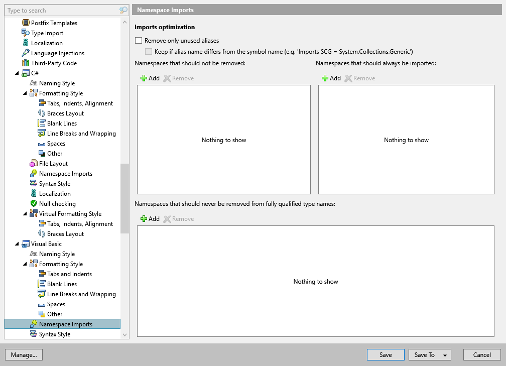 ReSharper options: Code Editing | Visual Basic | Namespace Imports